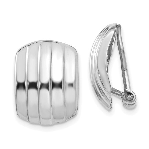 14k White Gold Non Pierced Clip On Omega Back Huggie J Hoop Ribbed Earrings