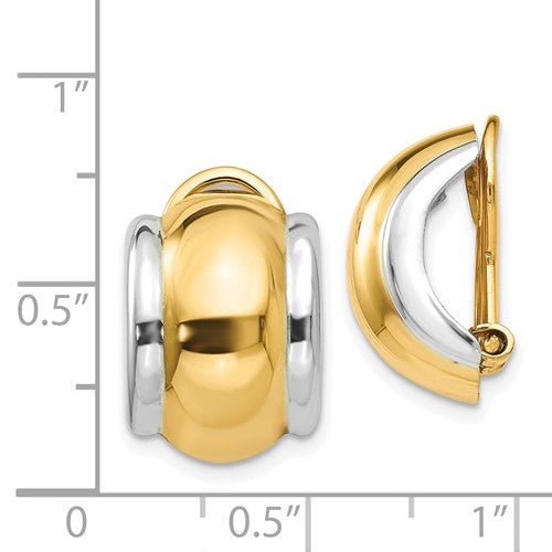14K Yellow Gold Rhodium Two Tone Non Pierced Fancy Omega Back Clip On Earrings