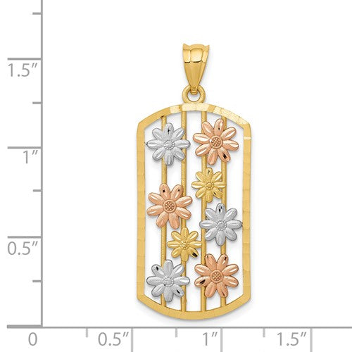 14k Yellow Rose Gold Tri Color and Rhodium Daisy Flower Framed Pendant Charm