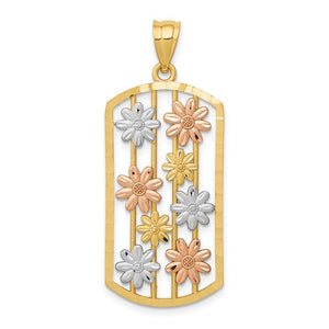 14k Yellow Rose Gold Tri Color and Rhodium Daisy Flower Framed Pendant Charm