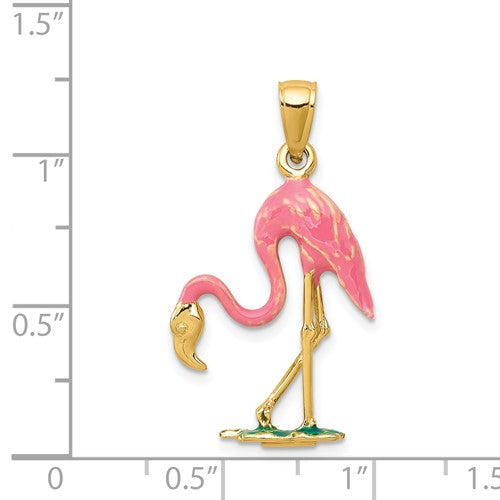 14k Yellow Gold Enamel Pink Flamingo 3D Pendant Charm