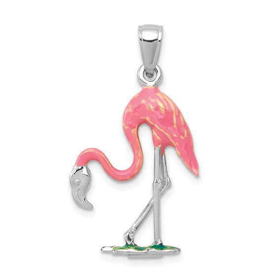 14k White Gold Enamel Pink Flamingo 3D Pendant Charm