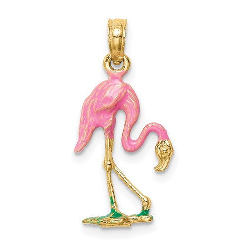 14k Yellow Gold Enamel Pink Flamingo 3D Pendant Charm