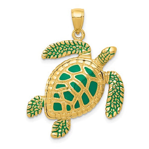 14k Yellow Gold Enamel Enamel Sea Turtle 3D Pendant Charm