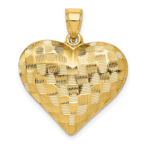 14K Yellow Gold Puffy Heart Basket Weave Pattern 3D Pendant Charm