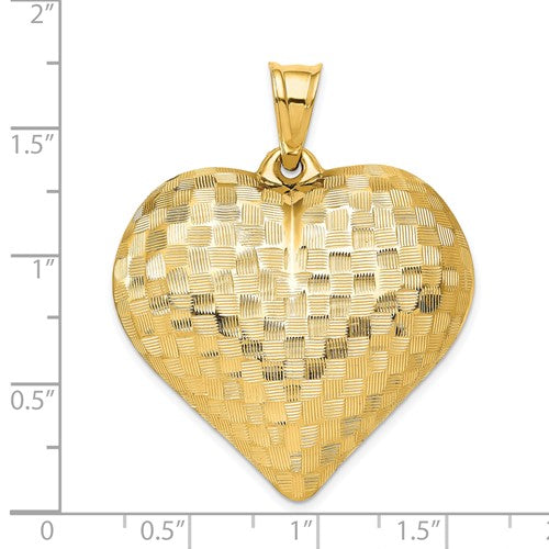 14K Yellow Gold Puffy Heart Basket Weave Pattern 3D Extra Large Pendant Charm