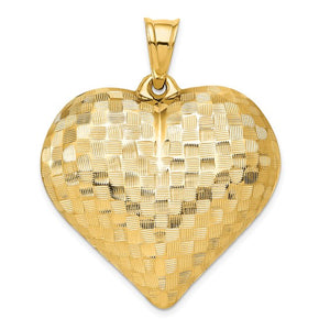 14K Yellow Gold Puffy Heart Basket Weave Pattern 3D Extra Large Pendant Charm