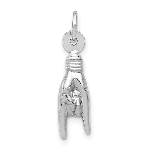 14k White Gold Rock On Good Luck Hand Sign 3D Pendant Charm