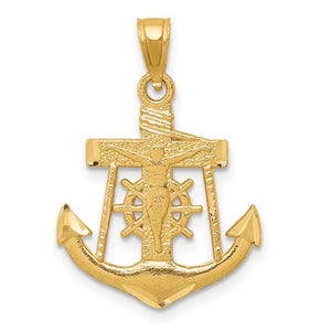 14k Yellow Gold Mariner Anchor Cross Crucifix Diamond Cut Pendant Charm