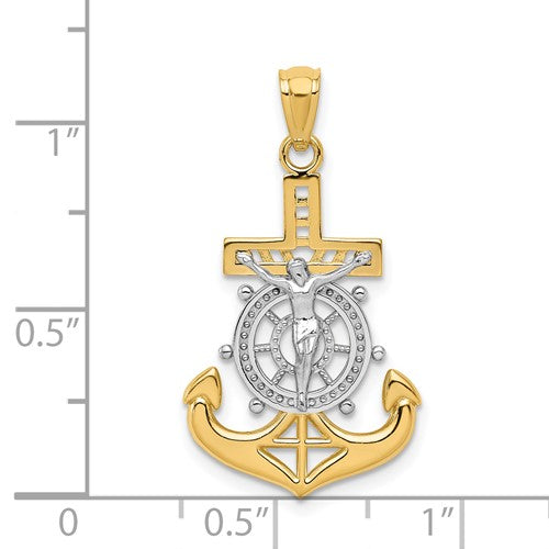 14k Yellow Gold and Rhodium Mariner Anchor Cross Crucifix Pendant Charm