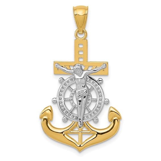 14k Yellow Gold and Rhodium Mariner Anchor Cross Crucifix Pendant Charm