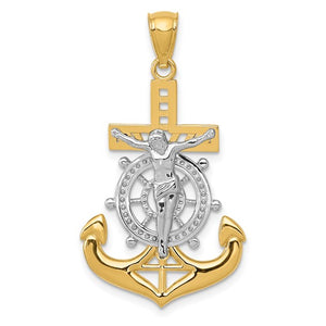 14k Yellow Gold and Rhodium Mariner Anchor Cross Crucifix Pendant Charm