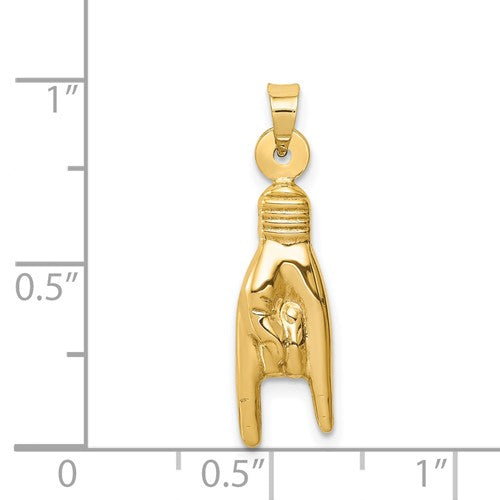 14k Yellow Gold Rock On Good Luck Hand 3D Pendant Charm