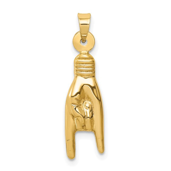 14k Yellow Gold Rock On Good Luck Hand 3D Pendant Charm