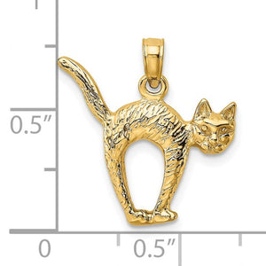 14k Yellow Gold Cat Arched Back Raised Tail 3D Pendant Charm