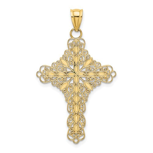 14k Yellow Gold Enamel Green Filigree Cross Reversible Pendant Charm