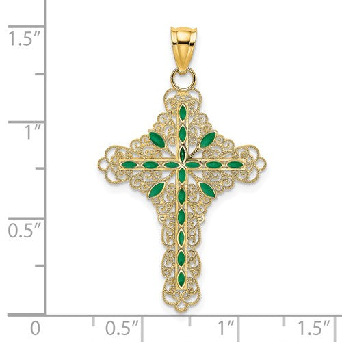 14k Yellow Gold Enamel Green Filigree Cross Reversible Pendant Charm