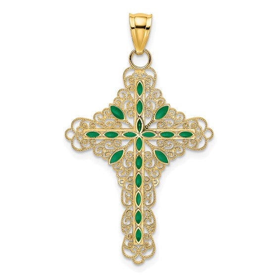 14k Yellow Gold Enamel Green Filigree Cross Reversible Pendant Charm