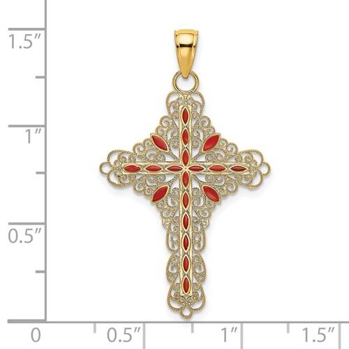 14k Yellow Gold Enamel Red Filigree Cross Reversible Pendant Charm