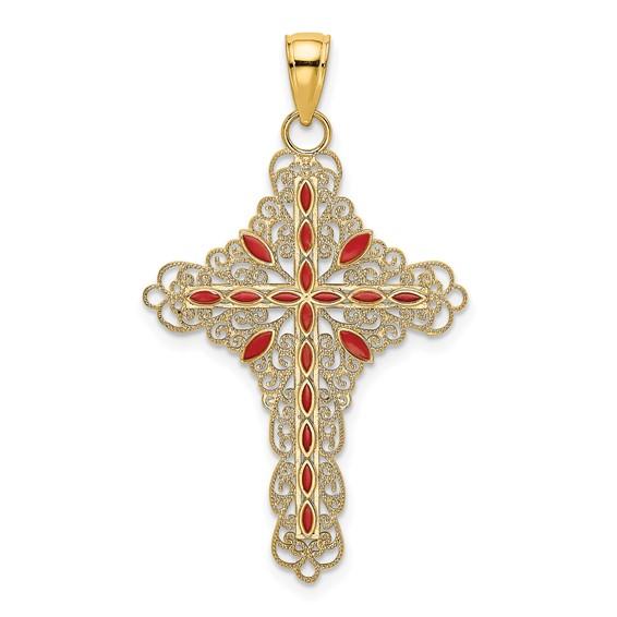 14k Yellow Gold Enamel Red Filigree Cross Reversible Pendant Charm