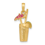 Load image into Gallery viewer, 14k Yellow Gold Enamel Cocktail Drink Fuchsia Pink Umbrella Lime 3D Pendant Charm
