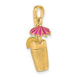 Load image into Gallery viewer, 14k Yellow Gold Enamel Cocktail Drink Fuchsia Pink Umbrella Lime 3D Pendant Charm
