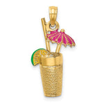 將圖片載入圖庫檢視器 14k Yellow Gold Enamel Cocktail Drink Fuchsia Pink Umbrella Lime 3D Pendant Charm
