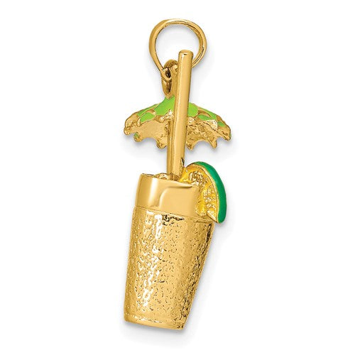 14k Yellow Gold Enamel Cocktail Drink Green Umbrella Lime 3D Pendant Charm