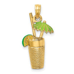 Kép betöltése a galériamegjelenítőbe: 14k Yellow Gold Enamel Cocktail Drink Green Umbrella Lime 3D Pendant Charm
