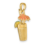 Indlæs billede til gallerivisning 14k Yellow Gold Enamel Cocktail Drink Orange Umbrella Lime 3D Pendant Charm
