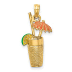 Indlæs billede til gallerivisning 14k Yellow Gold Enamel Cocktail Drink Orange Umbrella Lime 3D Pendant Charm
