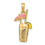 Carregar imagem no visualizador da galeria, 14k Yellow Gold Enamel Cocktail Drink Pink Umbrella Lime 3D Pendant Charm
