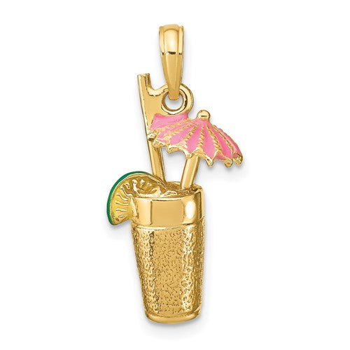 14k Yellow Gold Enamel Cocktail Drink Pink Umbrella Lime 3D Pendant Charm