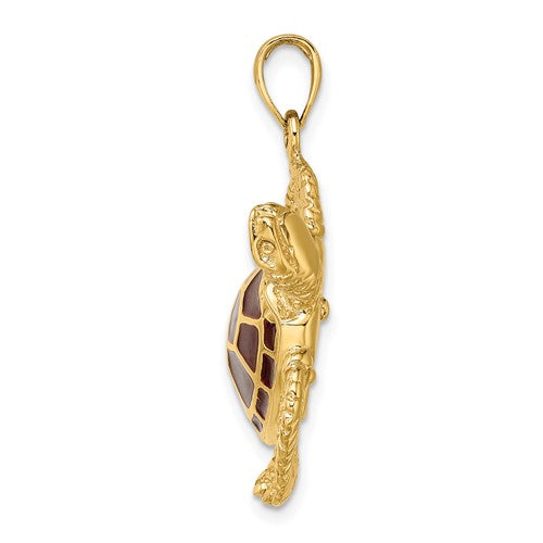 Carregar imagem no visualizador da galeria, 14k yellow gold enamel brown sea turtle 3d large pendant charm