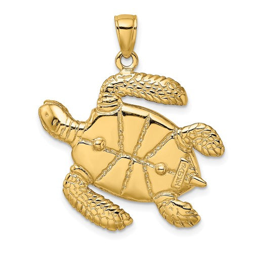 14k Yellow Gold Enamel Brown Sea Turtle 3D Large Pendant Charm