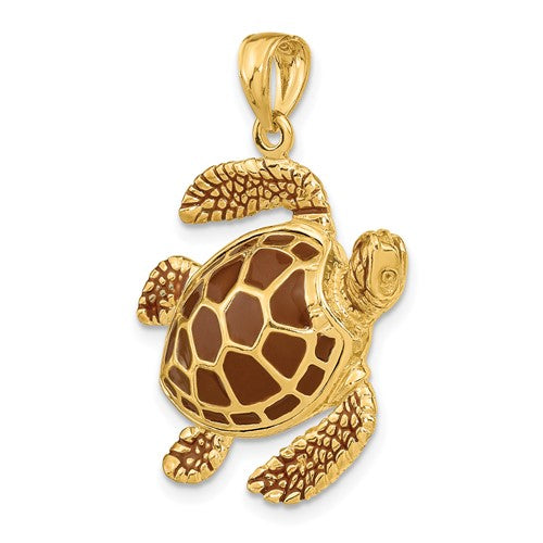 14k Yellow Gold Enamel Brown Sea Turtle 3D Large Pendant Charm