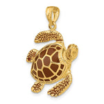 Lataa kuva Galleria-katseluun, 14k Yellow Gold Enamel Brown Sea Turtle 3D Large Pendant Charm
