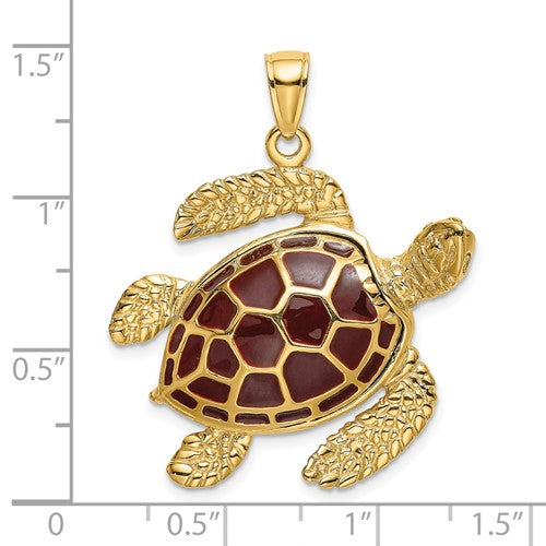 14k Yellow Gold Enamel Brown Sea Turtle 3D Large Pendant Charm