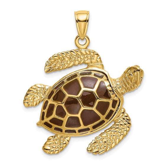 Carregar imagem no visualizador da galeria, 14k yellow gold enamel brown sea turtle 3d large pendant charm