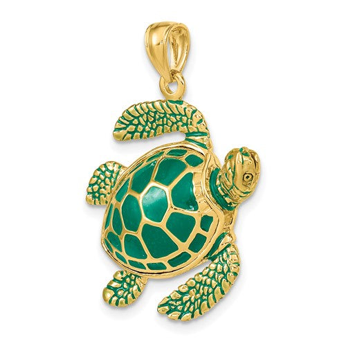 14k Yellow Gold Enamel Green Sea Turtle 3D Large Pendant Charm