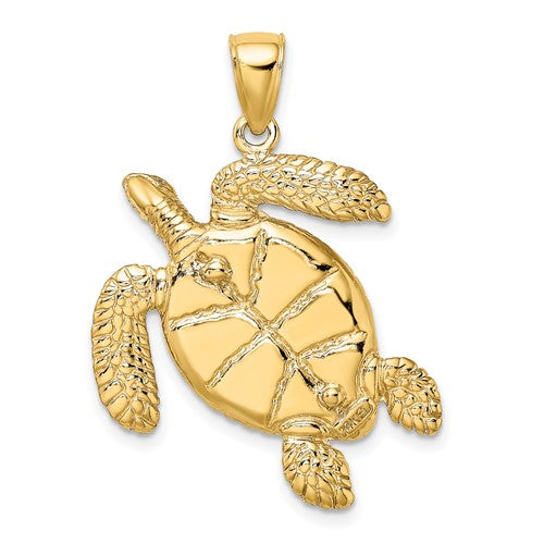 14k Yellow Gold Enamel Brown Sea Turtle 3D Pendant Charm