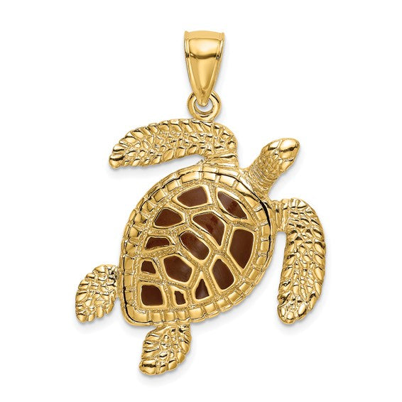14k Yellow Gold Enamel Brown Sea Turtle 3D Pendant Charm