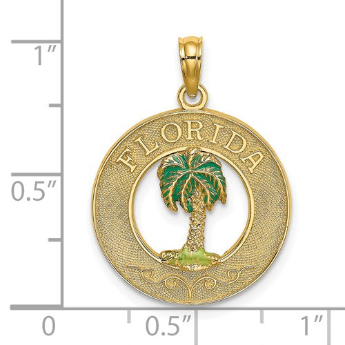 14k yellow gold enamel florida palm tree circle round pendant charm