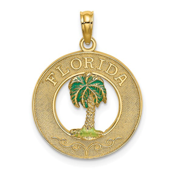 14k yellow gold enamel florida palm tree circle round pendant charm