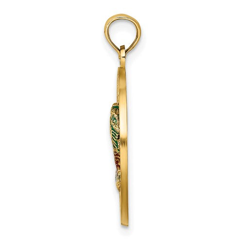14k yellow gold enamel florida palm trees circle round pendant charm