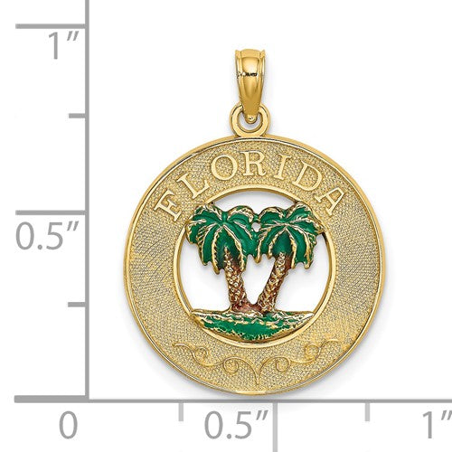Carregar imagem no visualizador da galeria, 14k yellow gold enamel florida palm trees circle round pendant charm