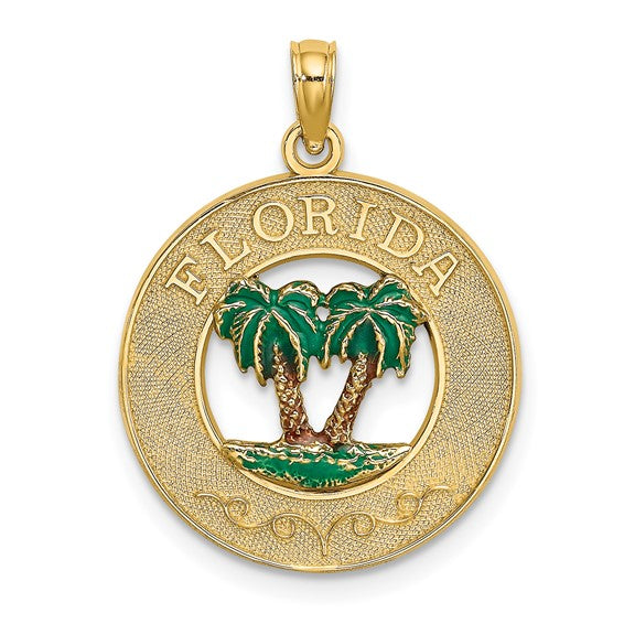 Carregar imagem no visualizador da galeria, 14k yellow gold enamel florida palm trees circle round pendant charm