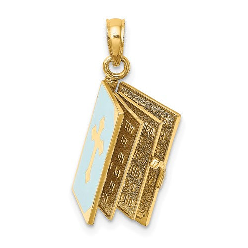 14k Yellow Gold Enamel Blue with Cross Bible Lord's Prayer Book 3D Pendant Charm