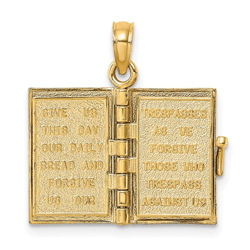 14k Yellow Gold Enamel Blue with Cross Bible Lord's Prayer Book 3D Pendant Charm
