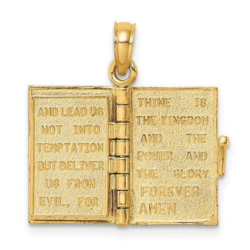 14k Yellow Gold Enamel Blue with Cross Bible Lord's Prayer Book 3D Pendant Charm